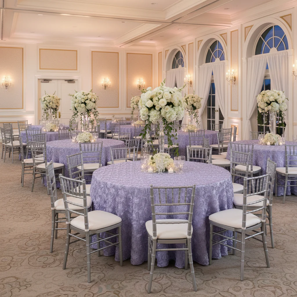Wedding Rosette Satin 120" Round Tablecloth - Lavender - Image 2