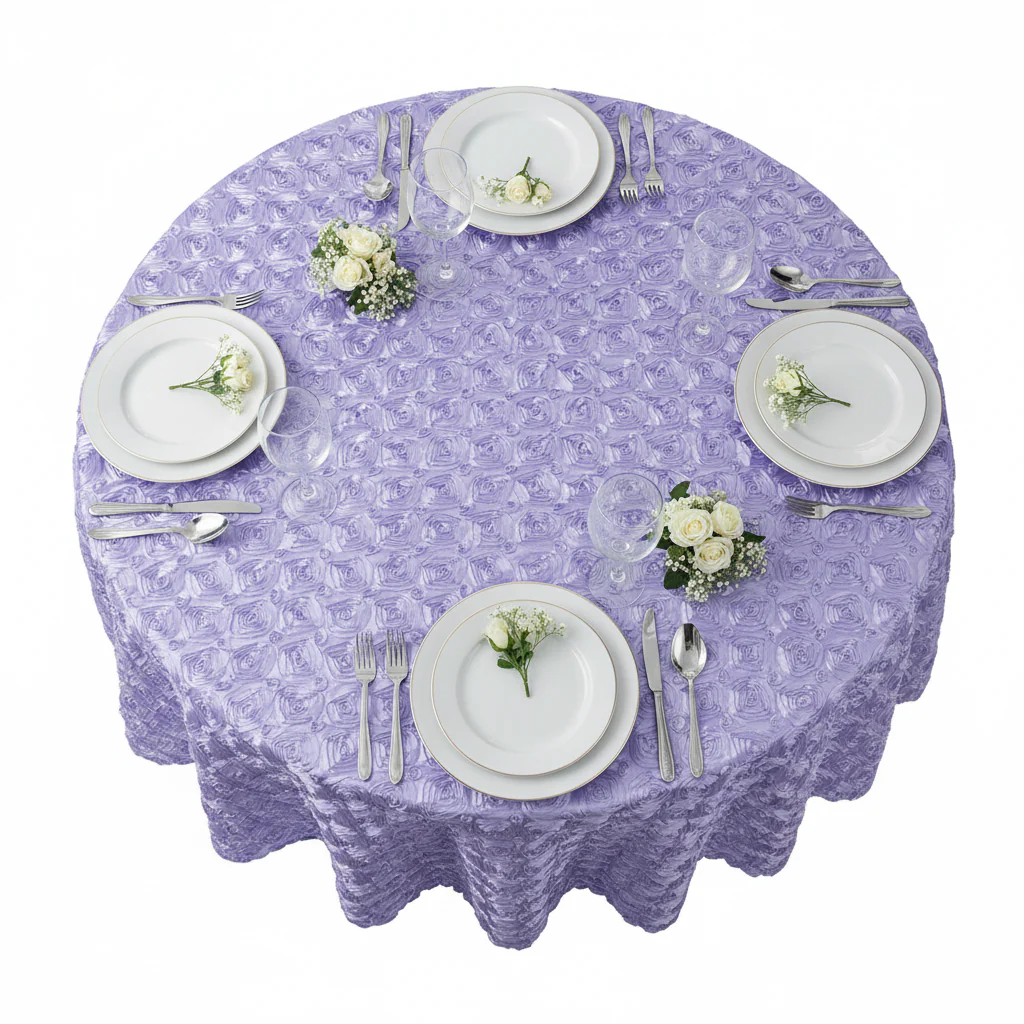 Wedding Rosette Satin 120" Round Tablecloth - Lavender - Image 3