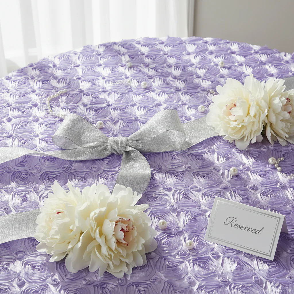 Wedding Rosette Satin 120" Round Tablecloth - Lavender - Image 4