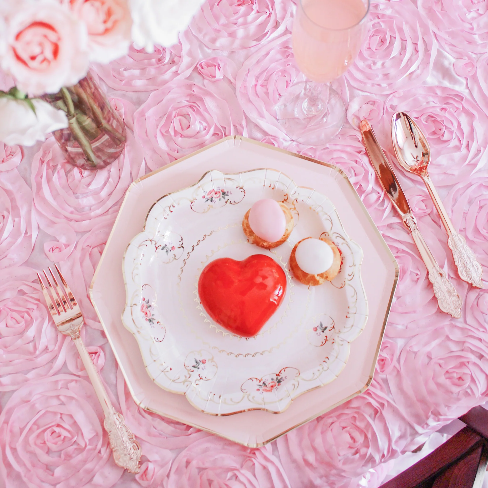 Wedding Rosette SATIN 120" Round Tablecloth - Medium Pink - Image 2