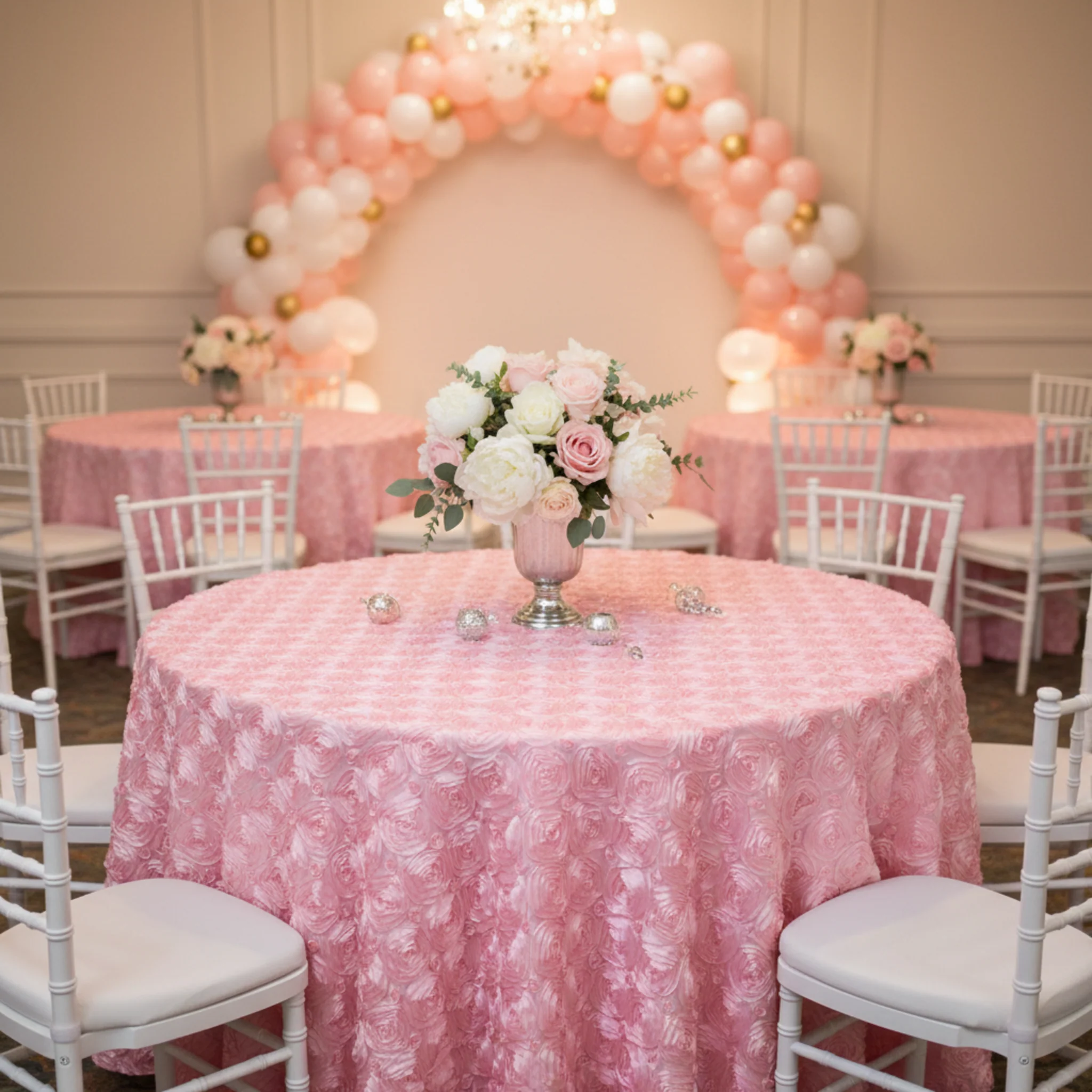 Wedding Rosette SATIN 120" Round Tablecloth - Medium Pink - Image 3