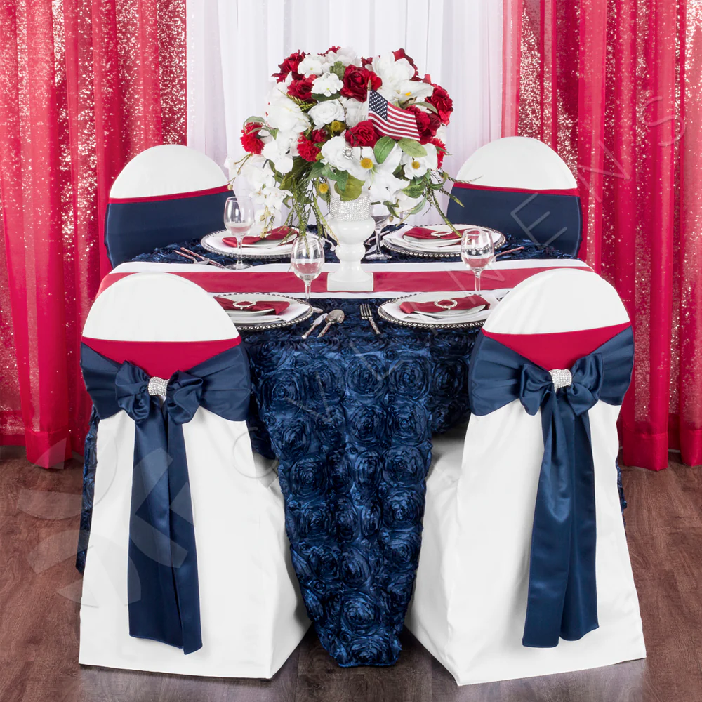 Wedding Rosette SATIN 120" Round Tablecloth - Navy Blue - Image 3