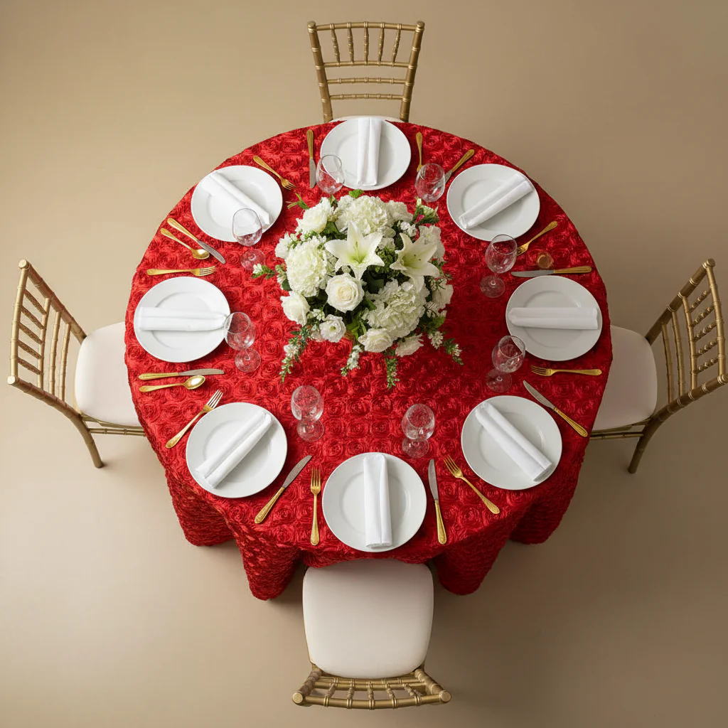 Wedding Rosette SATIN 120" Round Tablecloth - Red - Image 2