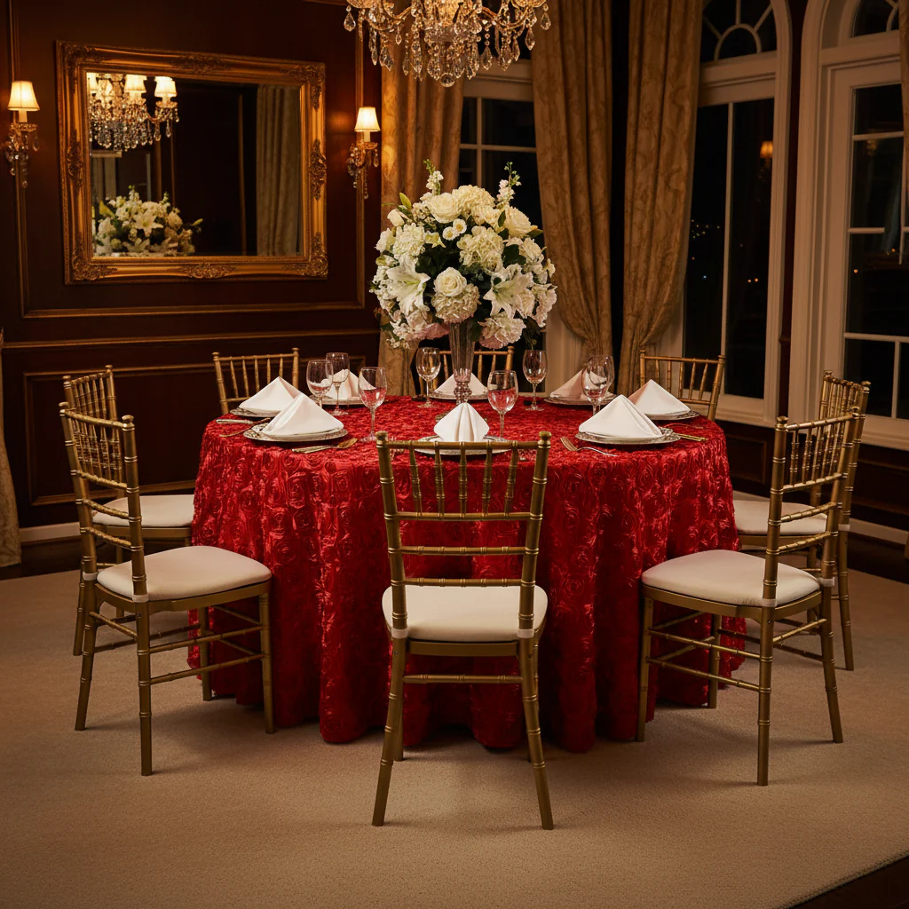 Wedding Rosette SATIN 120" Round Tablecloth - Red - Image 3