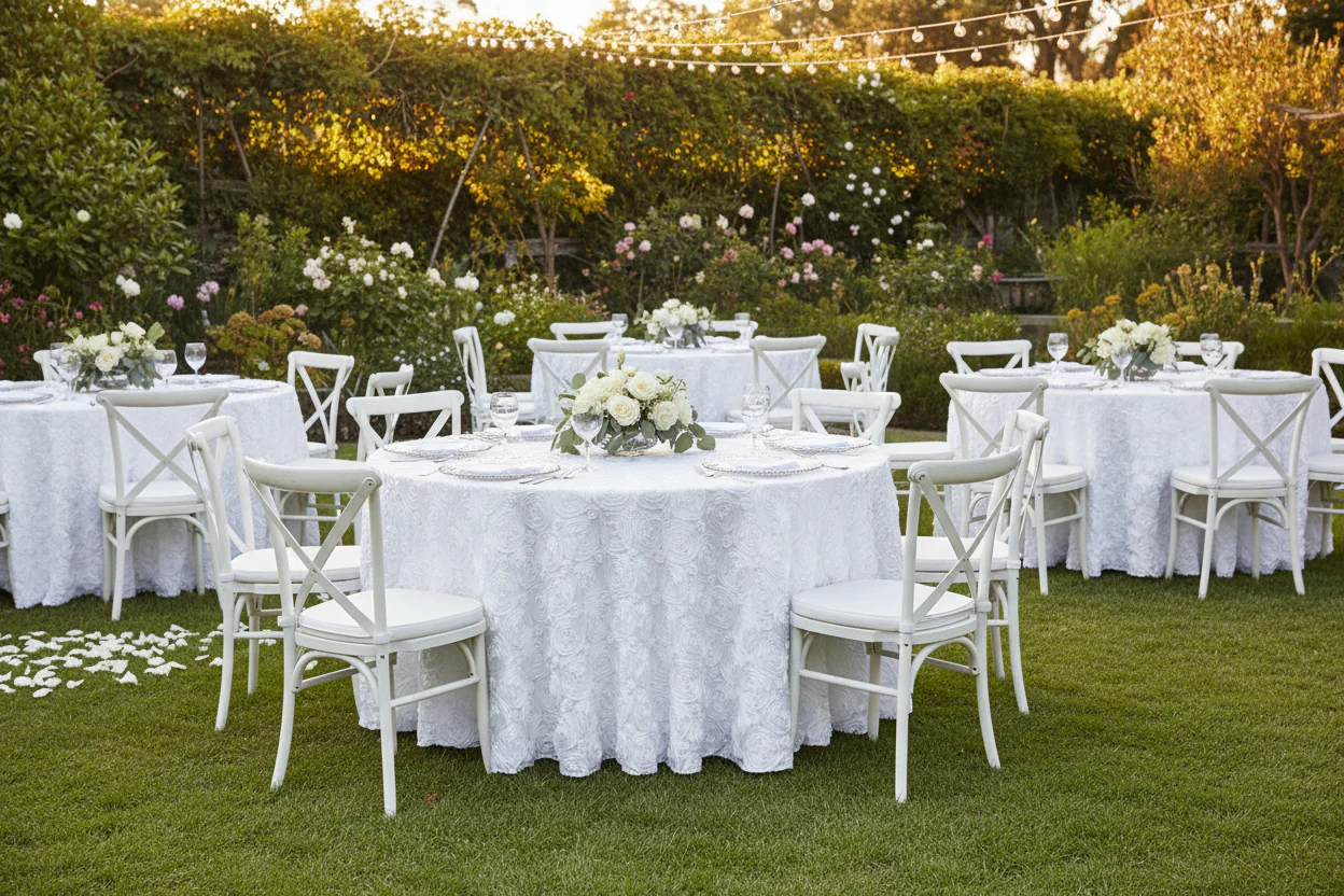 Wedding Rosette Satin 120" Round Tablecloth - White - Image 5