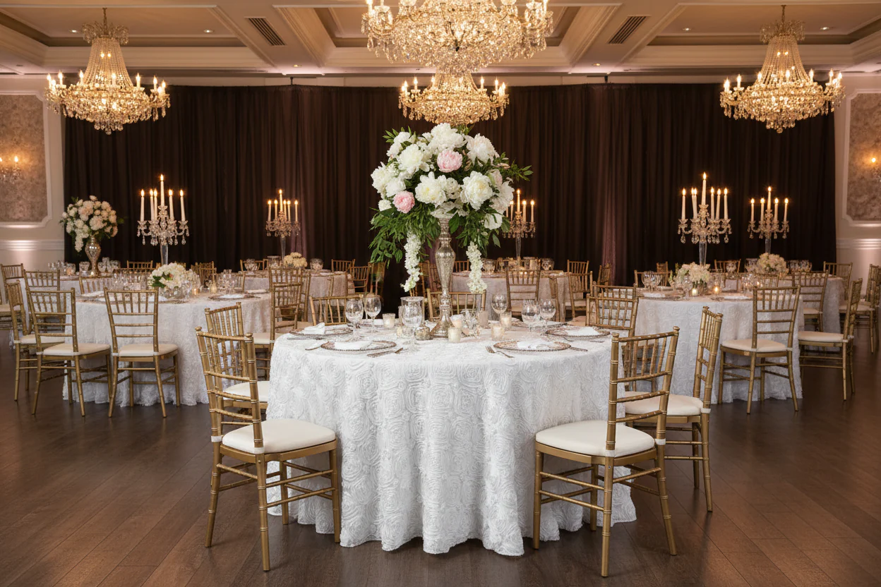 Wedding Rosette Satin 120" Round Tablecloth - White - Image 6
