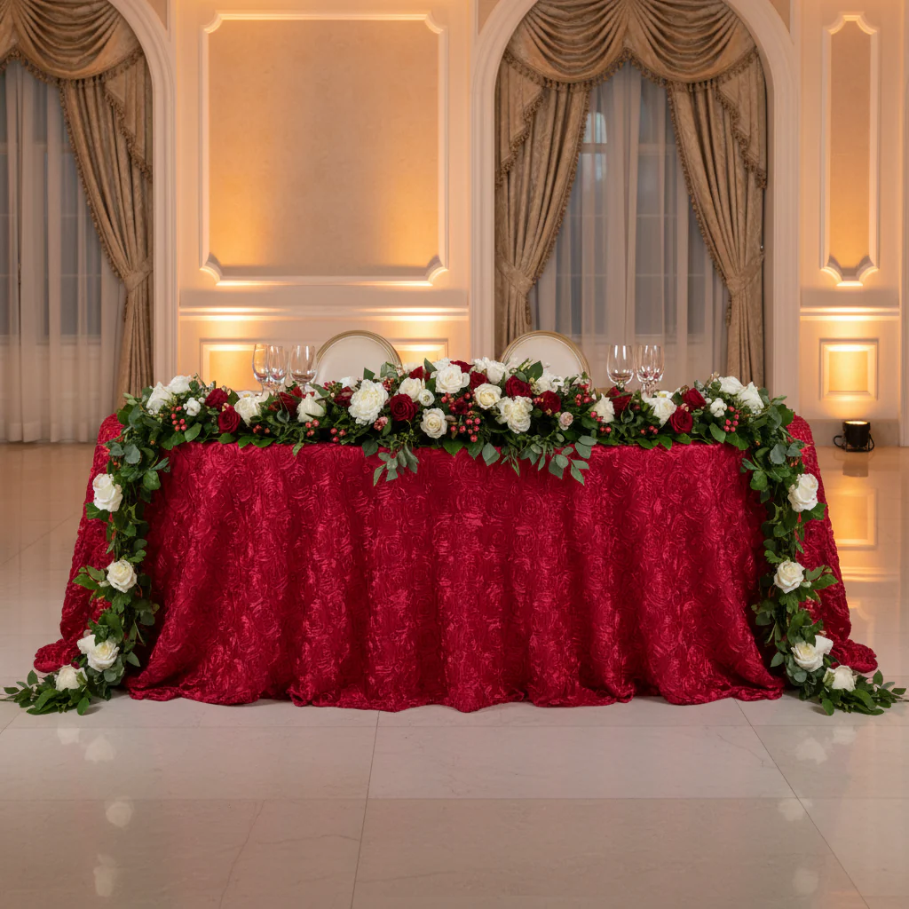 Wedding Rosette SATIN 132" Round Tablecloth - Apple Red
