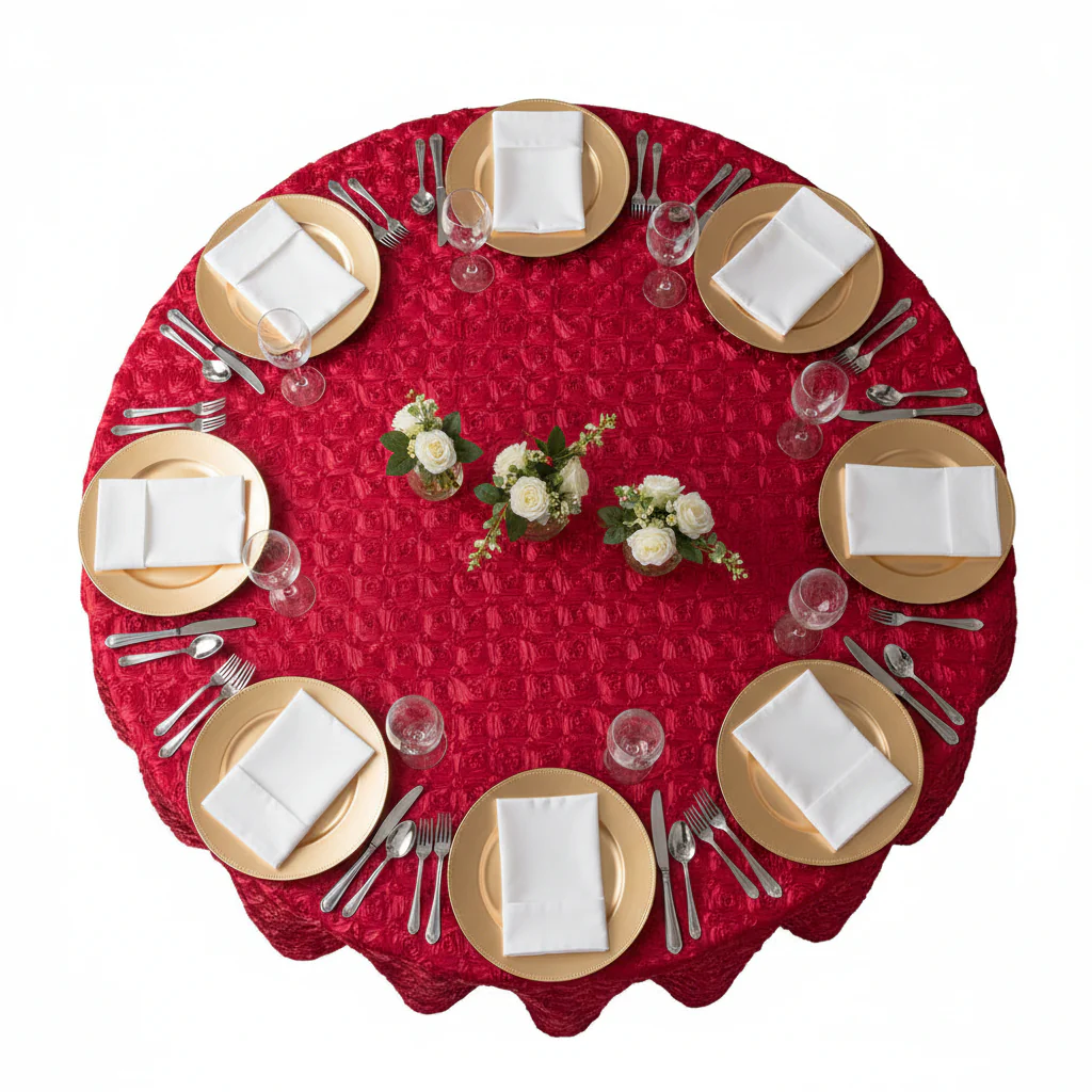 Wedding Rosette SATIN 132" Round Tablecloth - Apple Red - Image 3