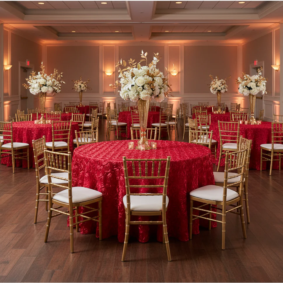 Wedding Rosette SATIN 132" Round Tablecloth - Apple Red - Image 5