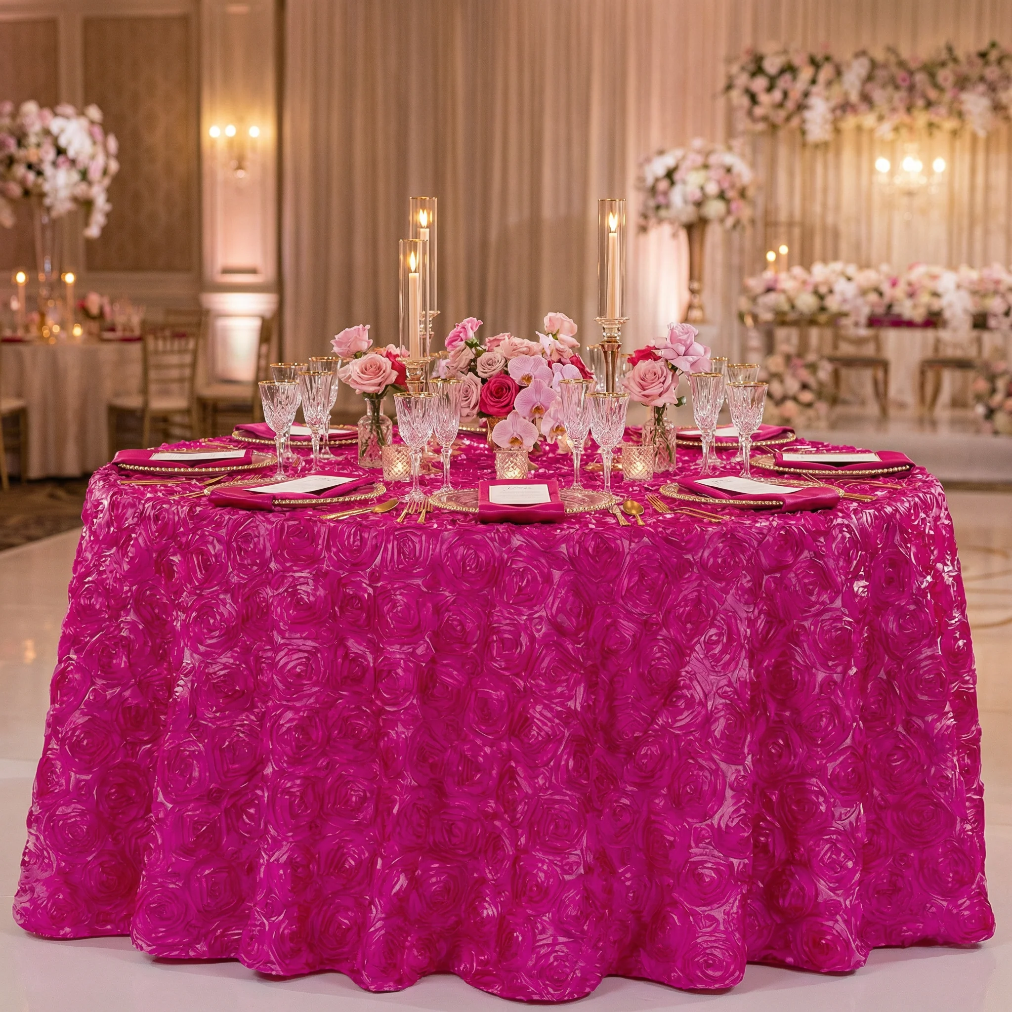 Wedding Rosette SATIN 132" Round Tablecloth - Fuchsia - Image 2