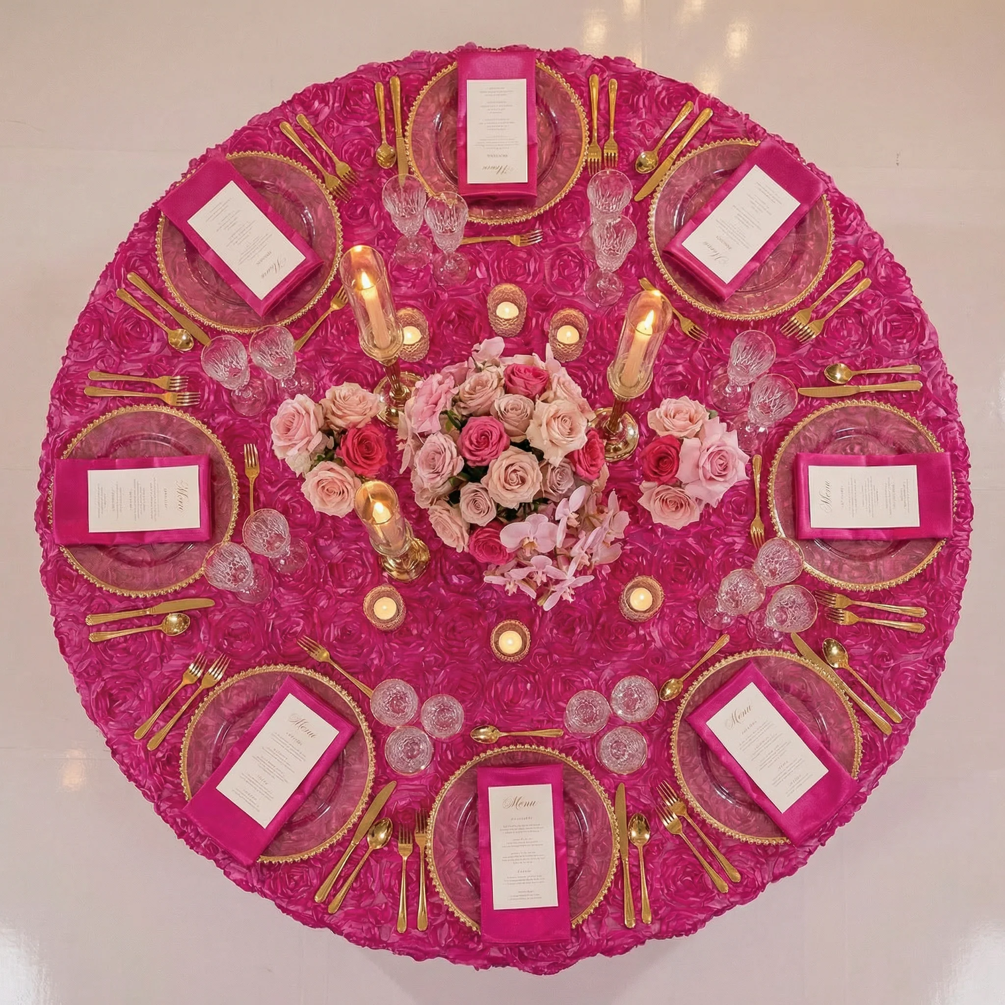 Wedding Rosette SATIN 132" Round Tablecloth - Fuchsia - Image 3