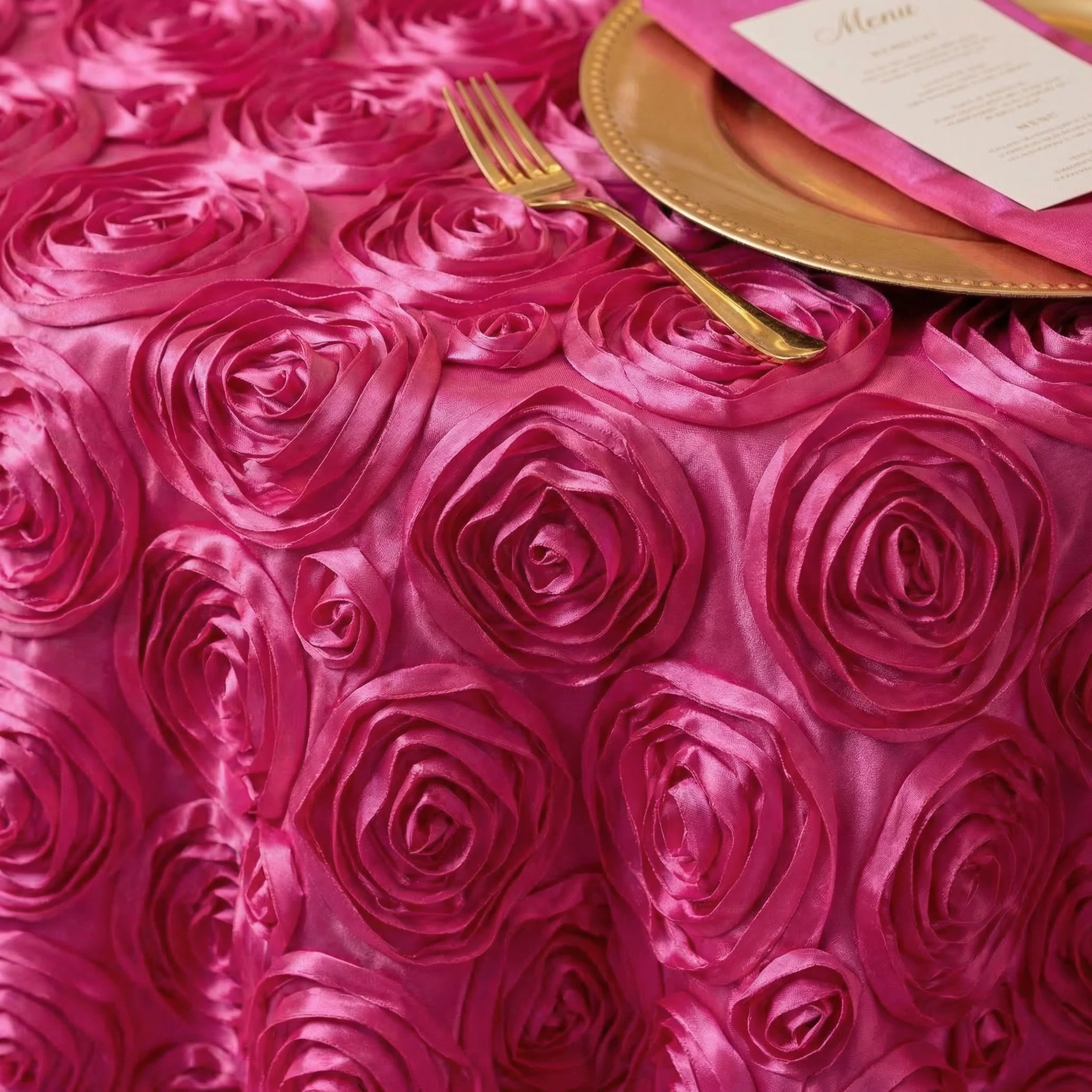 Wedding Rosette SATIN 132" Round Tablecloth - Fuchsia - Image 4