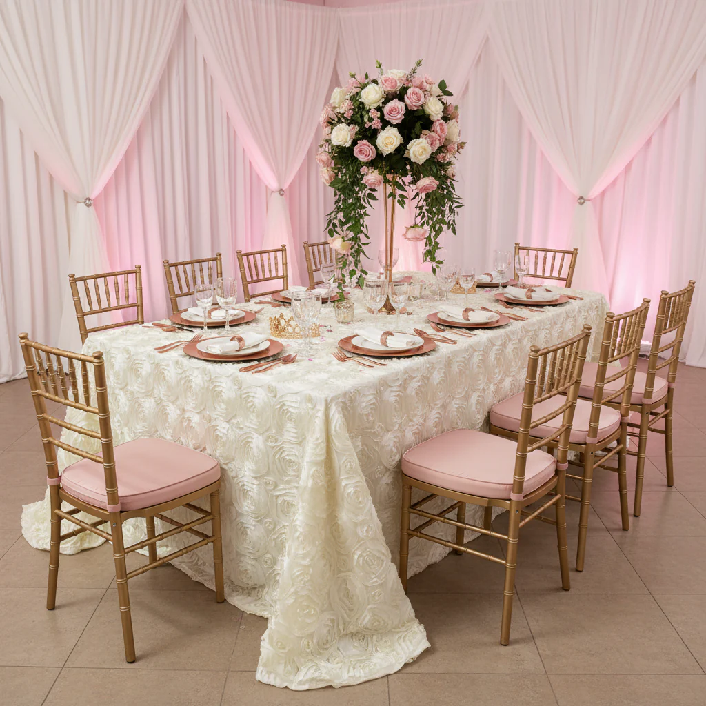 Wedding Rosette Satin 90"x132" rectangular Tablecloth - Ivory