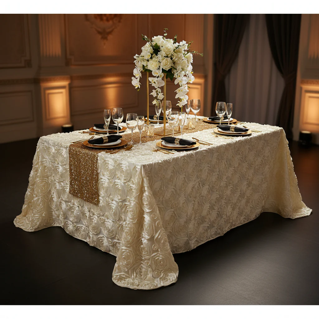 Wedding Rosette Satin 90"x132" rectangular Tablecloth - Ivory - Image 3