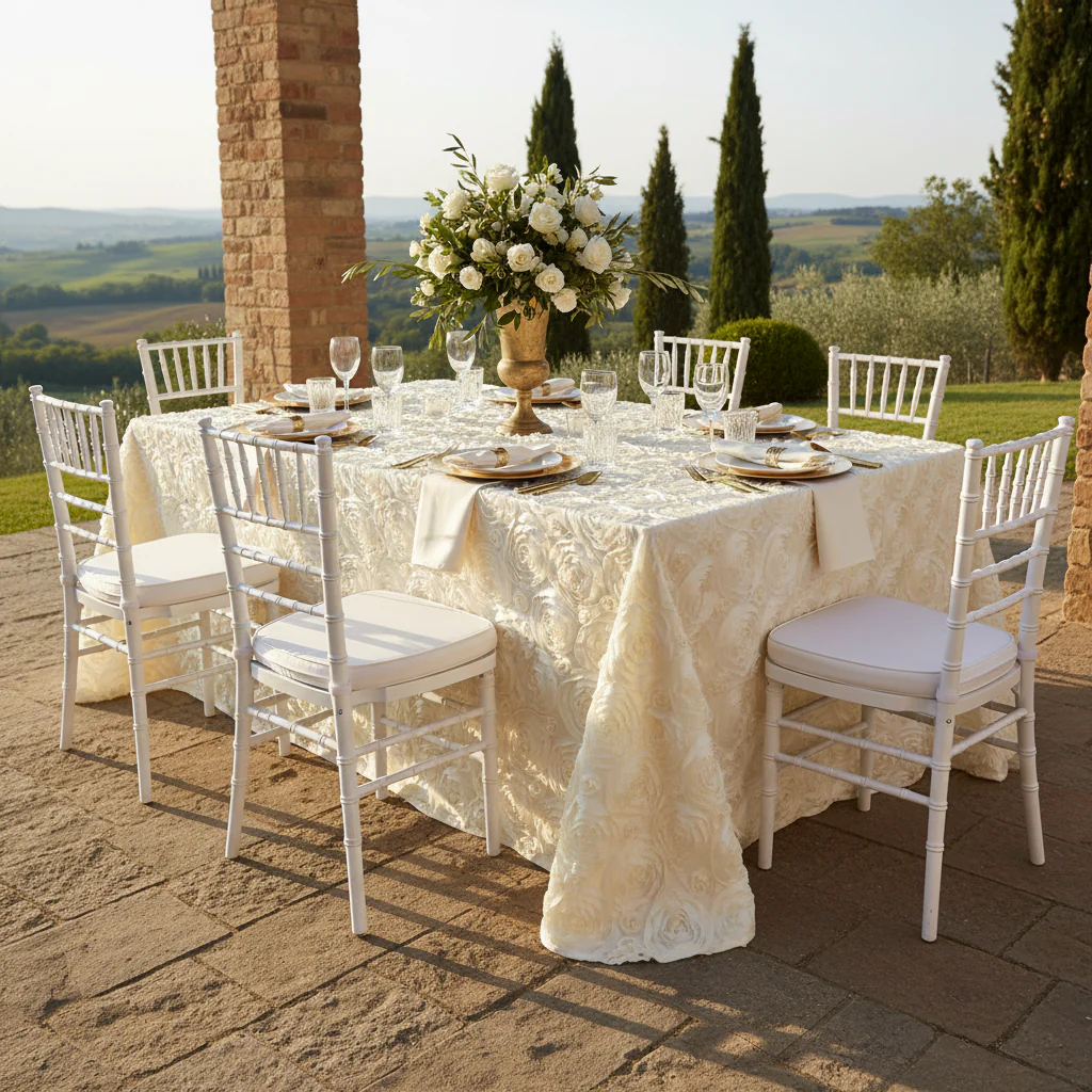 Wedding Rosette Satin 90"x132" rectangular Tablecloth - Ivory - Image 4
