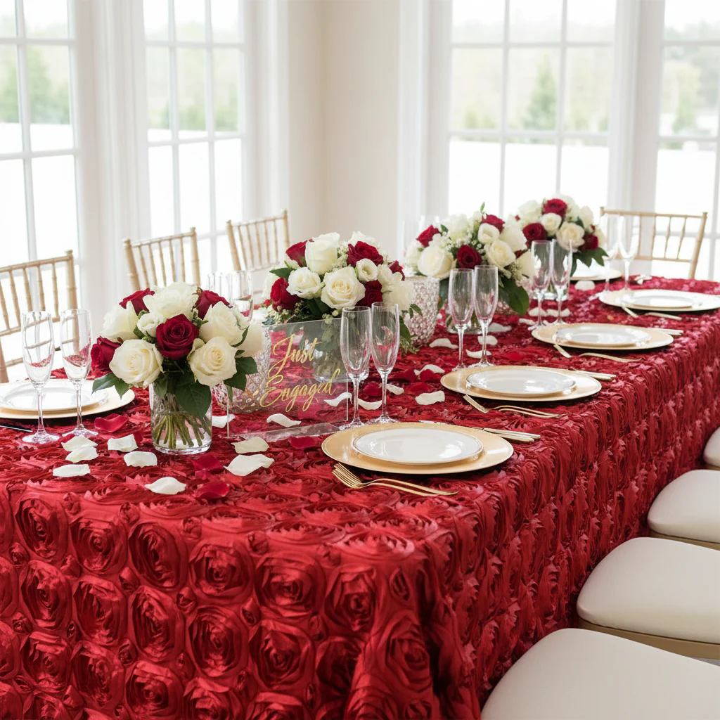 Wedding Rosette Satin 90"x156" rectangular Tablecloth - Apple Red