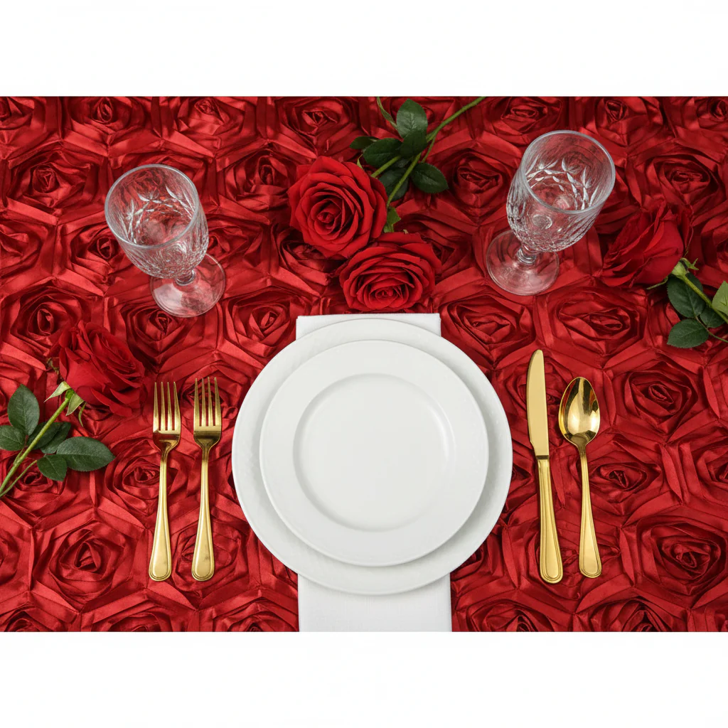 Wedding Rosette Satin 90"x156" rectangular Tablecloth - Apple Red - Image 3