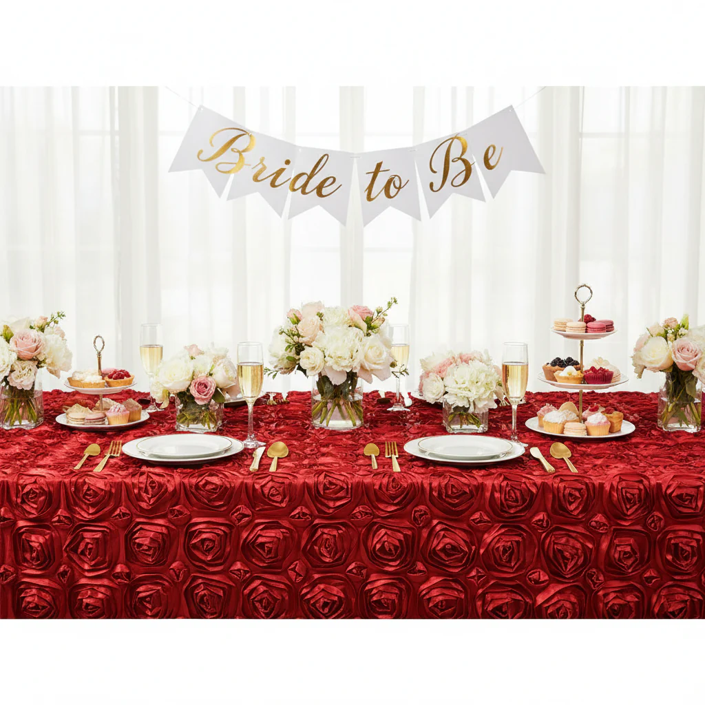 Wedding Rosette Satin 90"x156" rectangular Tablecloth - Apple Red - Image 5
