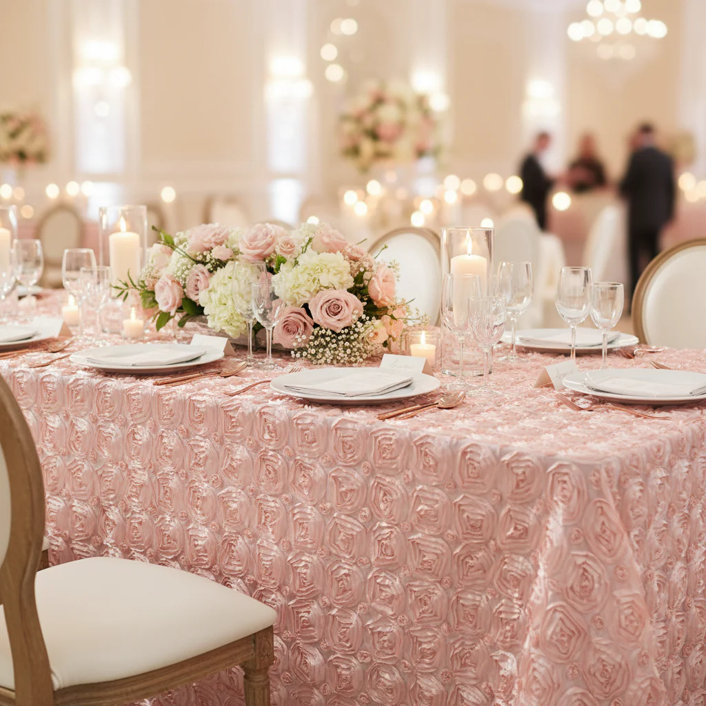 Wedding Rosette Satin 90"x156" rectangular Tablecloth - Blush/Rose Gold