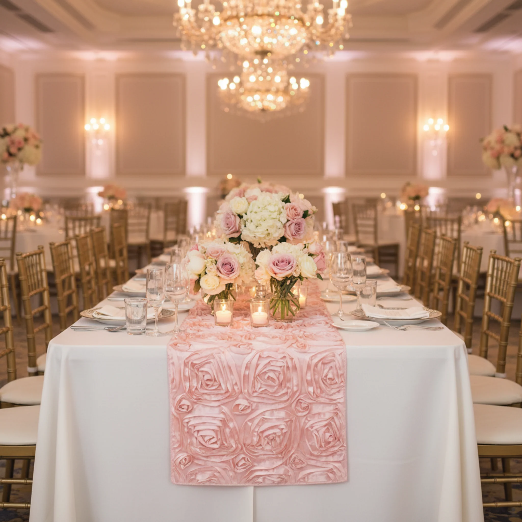 Wedding Rosette Satin Table Runner - Blush/Rose Gold - Image 3