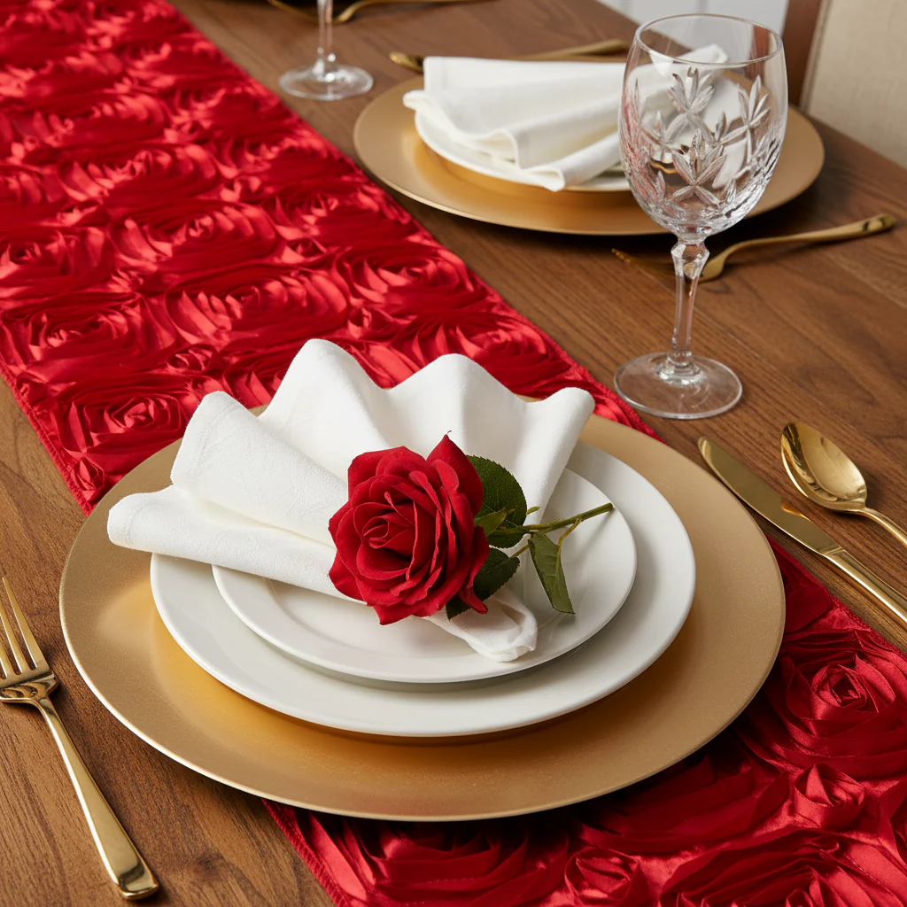 Wedding Rosette Satin Table Runner - Red - Image 4