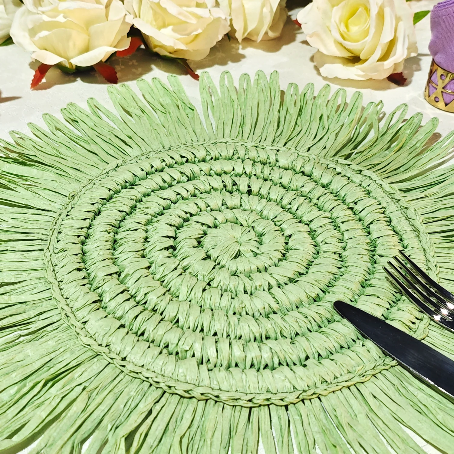 4pc/set Woven Fringe 15" Placemats - Sage Green - Image 3